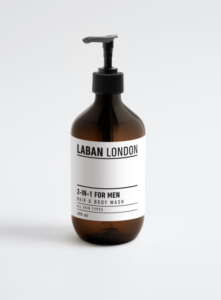 Laban London Products 2-in-1 hair and body wash for men, 490ml amber bottle