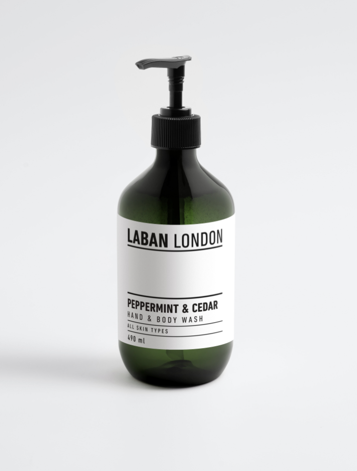 Laban London peppermint and cedar hand and body wash, 490ml green bottle