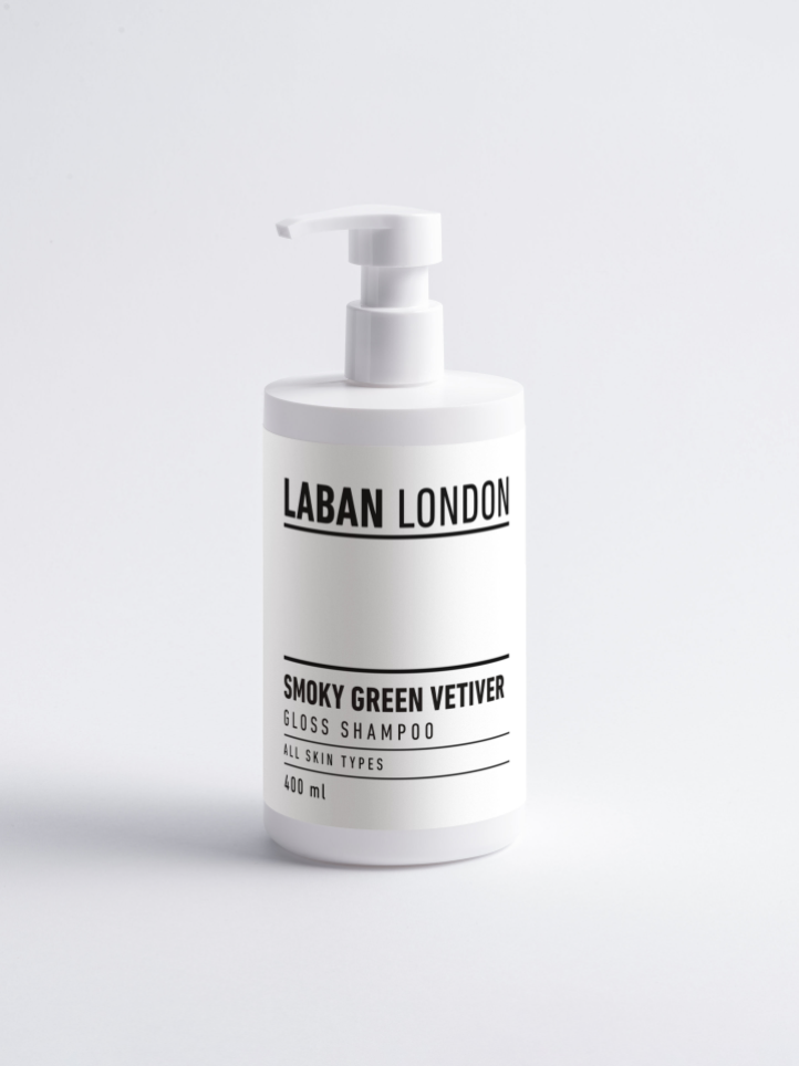 Laban London smoky green vetiver gloss shampoo, 400ml white pump bottle